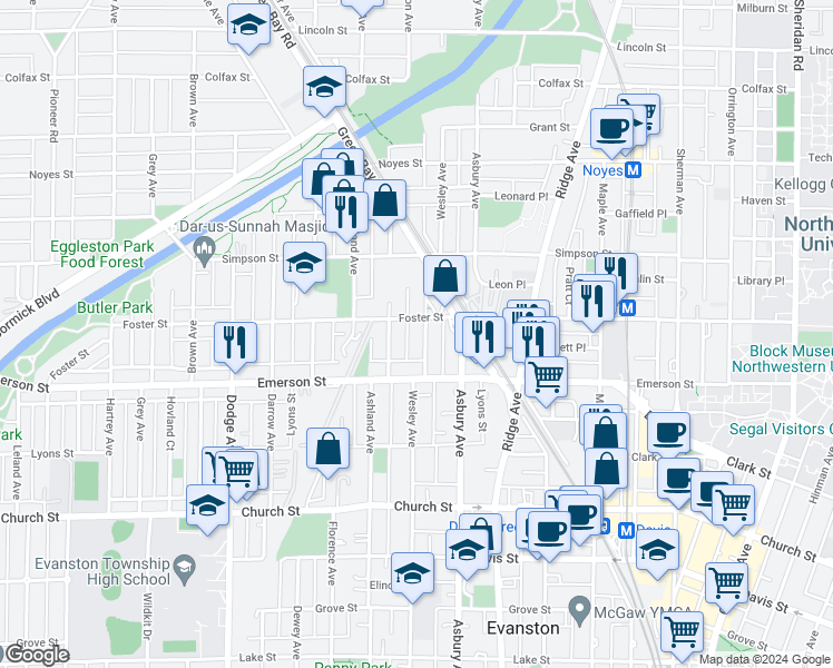 map of restaurants, bars, coffee shops, grocery stores, and more near 2000 Wesley Avenue in Evanston