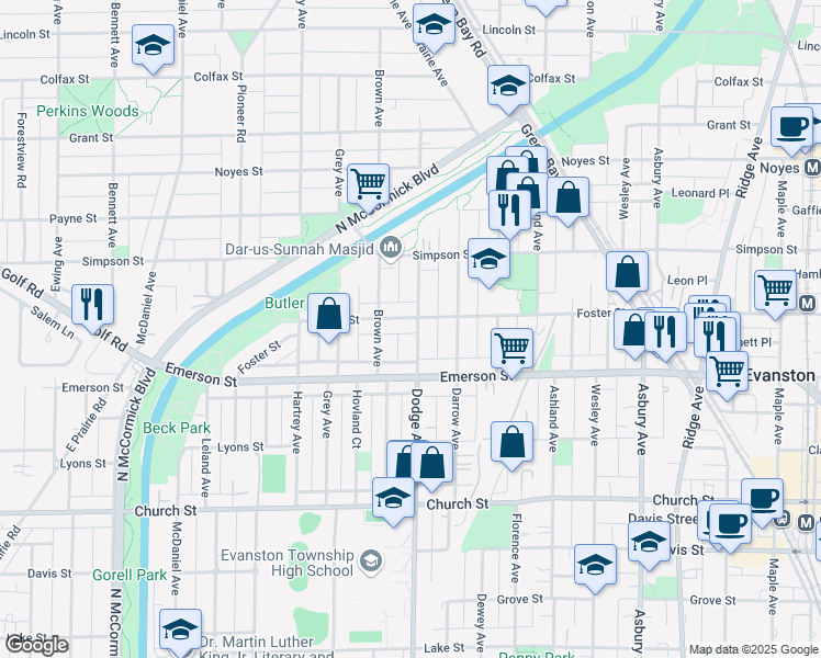 map of restaurants, bars, coffee shops, grocery stores, and more near 2008 Dodge Avenue in Evanston