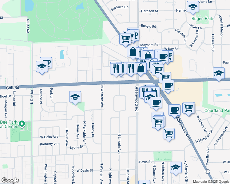 map of restaurants, bars, coffee shops, grocery stores, and more near 9552 East Greenwood Drive in Des Plaines