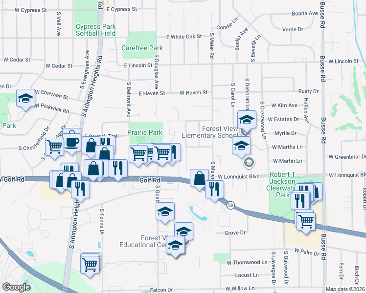 map of restaurants, bars, coffee shops, grocery stores, and more near 611 Noah Terrace in Mount Prospect