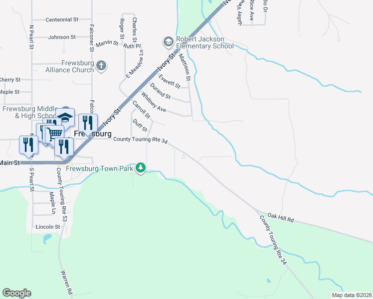 map of restaurants, bars, coffee shops, grocery stores, and more near 95 Frew Run Street in Frewsburg