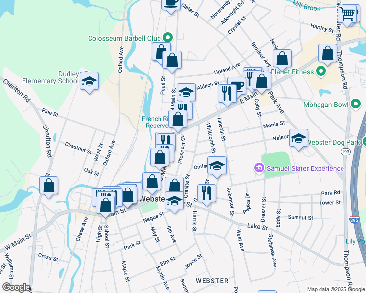map of restaurants, bars, coffee shops, grocery stores, and more near 50 Prospect Street in Webster