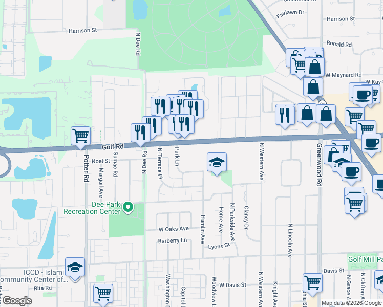 map of restaurants, bars, coffee shops, grocery stores, and more near 9001 Golf Road in Niles