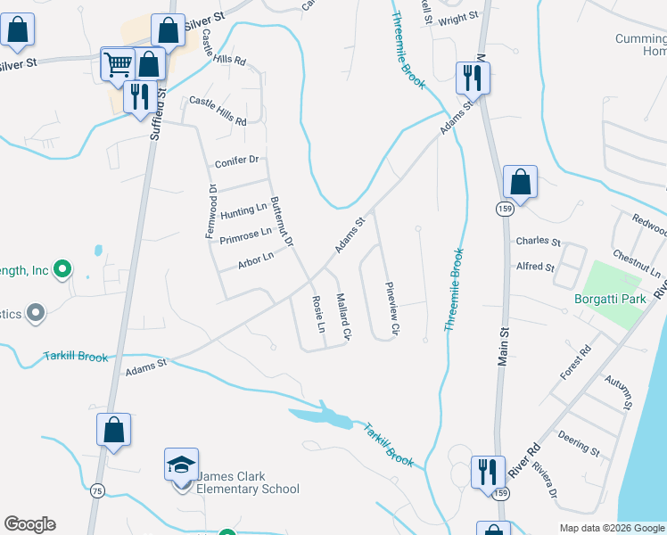 map of restaurants, bars, coffee shops, grocery stores, and more near 221 Adams Street in Agawam