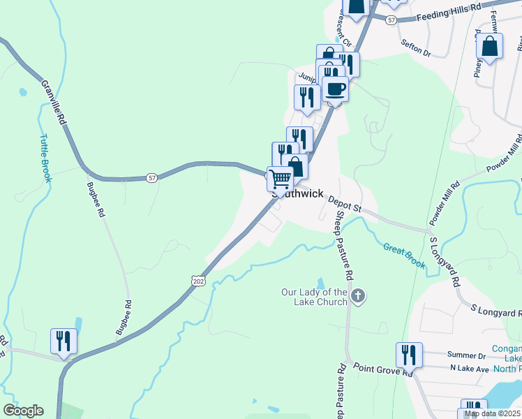 map of restaurants, bars, coffee shops, grocery stores, and more near in Southwick