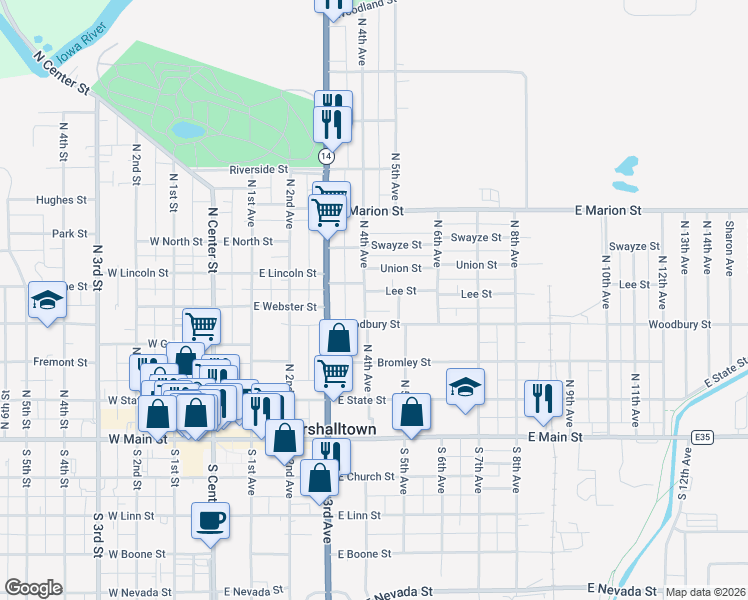 map of restaurants, bars, coffee shops, grocery stores, and more near 400-498 Lee Street in Marshalltown