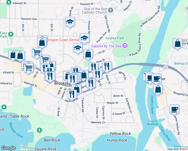 map of restaurants, bars, coffee shops, grocery stores, and more near Oak Street in Brookings