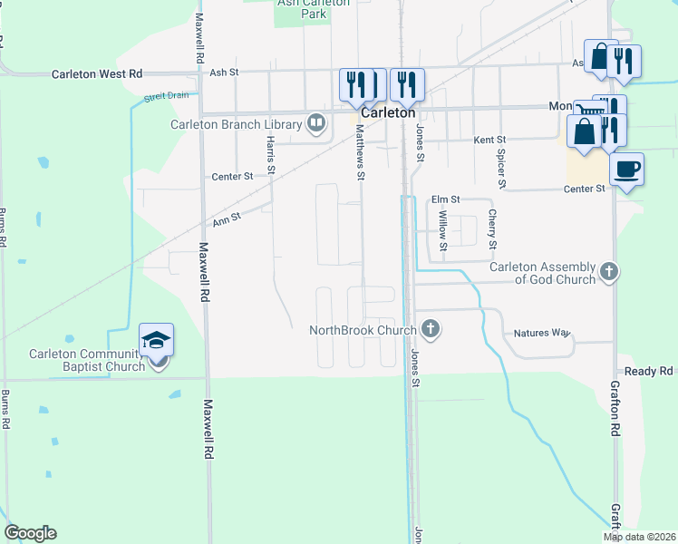 map of restaurants, bars, coffee shops, grocery stores, and more near 12204 Hannah Lane in Carleton