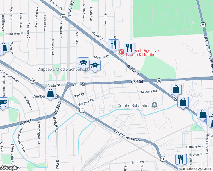 map of restaurants, bars, coffee shops, grocery stores, and more near 790 East Golf Road in Des Plaines