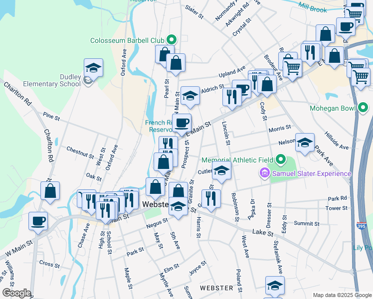 map of restaurants, bars, coffee shops, grocery stores, and more near 50 Prospect Street in Webster
