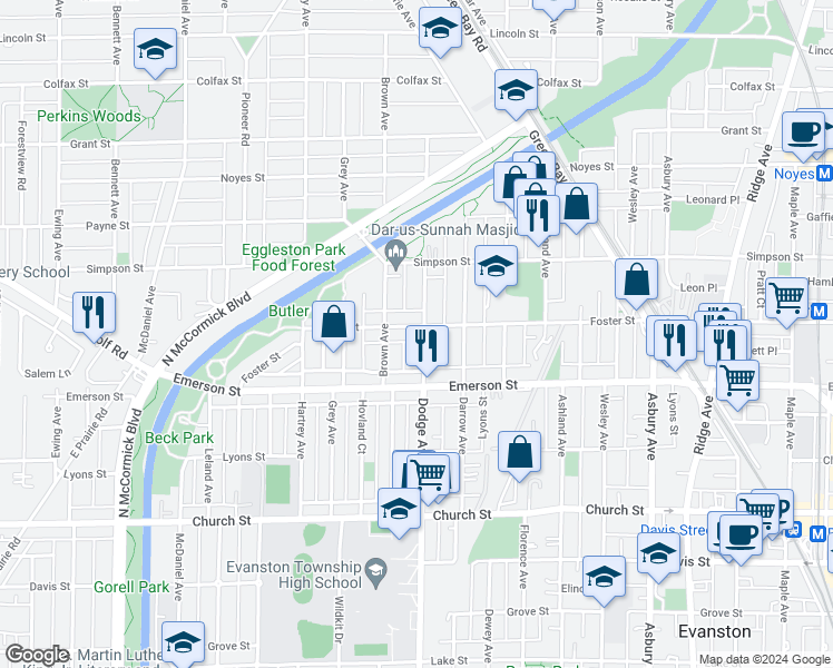 map of restaurants, bars, coffee shops, grocery stores, and more near 2008 Dodge Avenue in Evanston