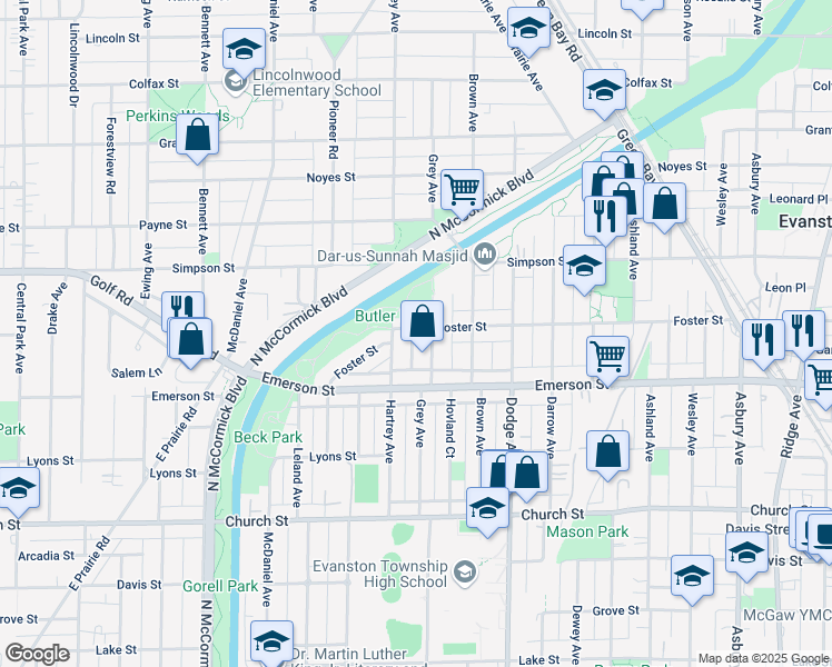 map of restaurants, bars, coffee shops, grocery stores, and more near 2005 Grey Avenue in Evanston