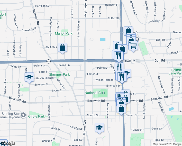 map of restaurants, bars, coffee shops, grocery stores, and more near 9513 Harlem Avenue in Morton Grove