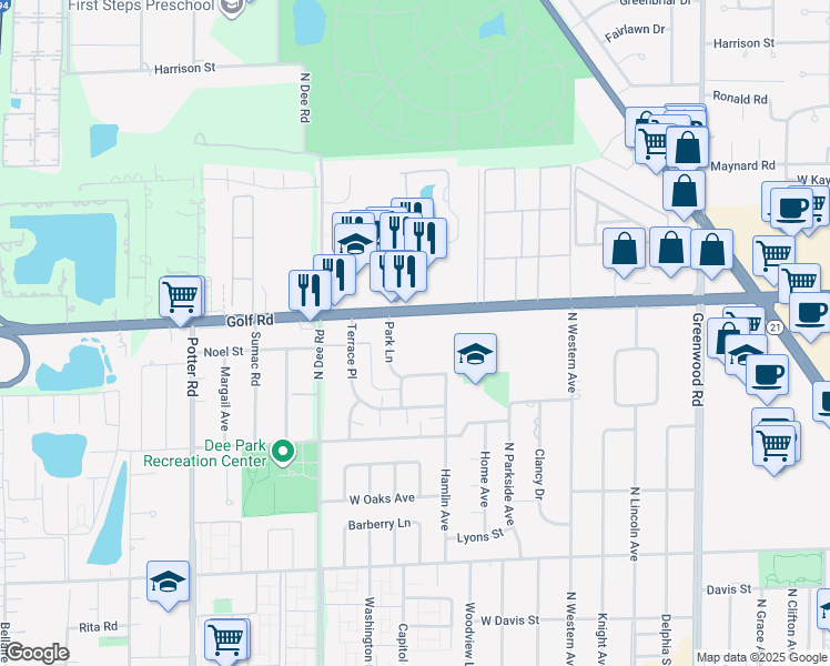 map of restaurants, bars, coffee shops, grocery stores, and more near 9599 Park Lane in Des Plaines
