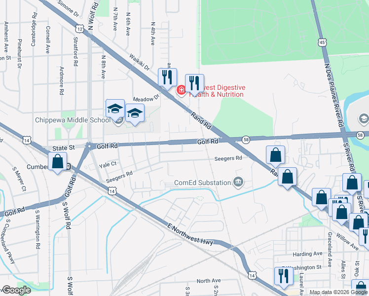map of restaurants, bars, coffee shops, grocery stores, and more near 903 North Golf Cul De Sac Street in Des Plaines