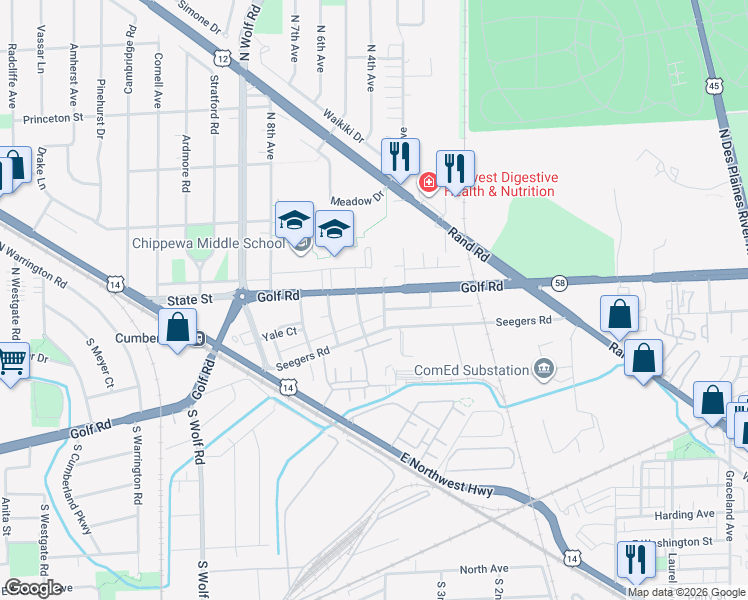 map of restaurants, bars, coffee shops, grocery stores, and more near 790 East Golf Road in Des Plaines