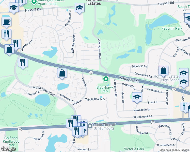 map of restaurants, bars, coffee shops, grocery stores, and more near 1720 Robin Lane in Hoffman Estates