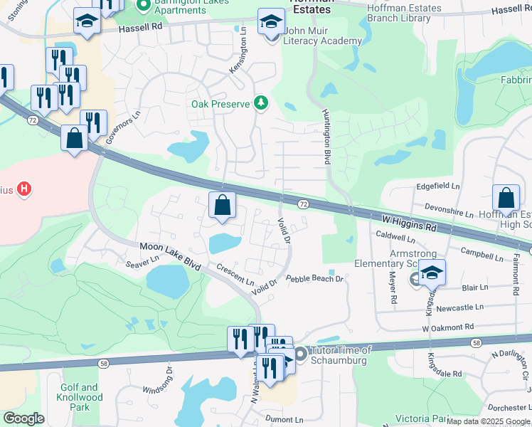map of restaurants, bars, coffee shops, grocery stores, and more near 1430 Volid Drive in Hoffman Estates