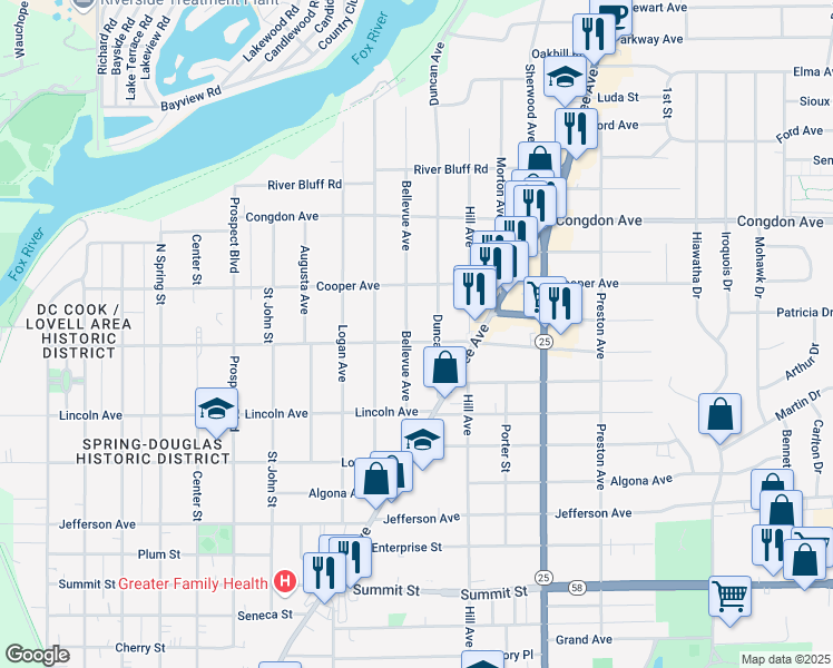 map of restaurants, bars, coffee shops, grocery stores, and more near 918 Duncan Avenue in Elgin