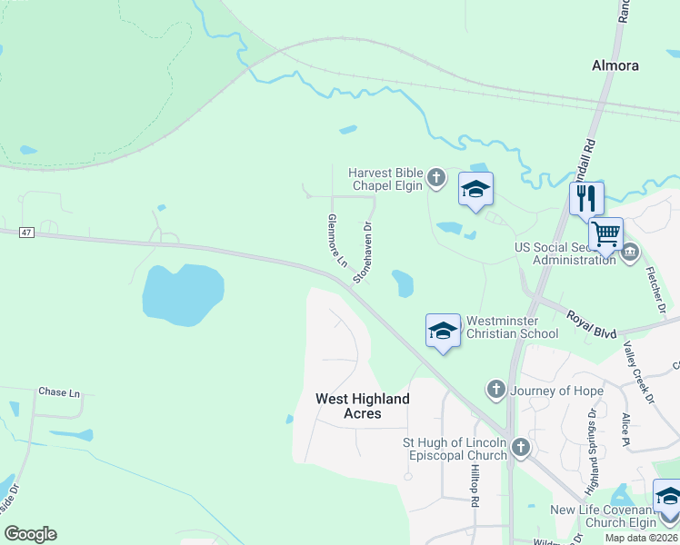 map of restaurants, bars, coffee shops, grocery stores, and more near 905 Glenmore Lane in Elgin