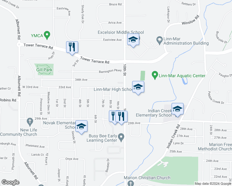 map of restaurants, bars, coffee shops, grocery stores, and more near 3290 9th Street in Marion