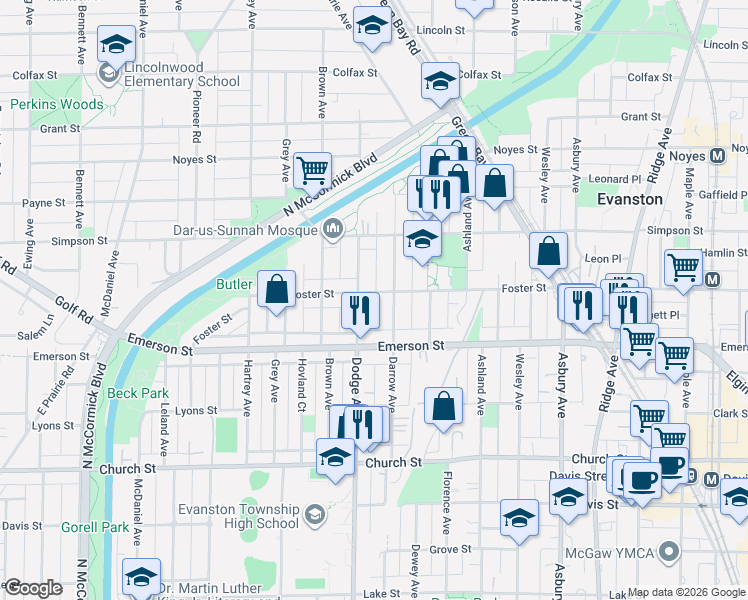 map of restaurants, bars, coffee shops, grocery stores, and more near 2002 Darrow Avenue in Evanston