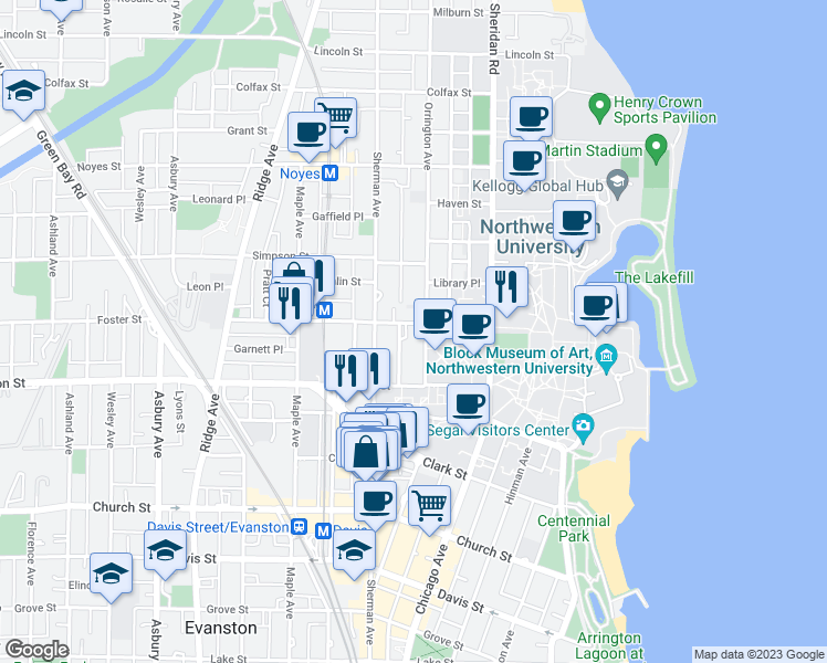 map of restaurants, bars, coffee shops, grocery stores, and more near 2001 Orrington Avenue in Evanston