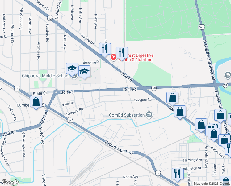 map of restaurants, bars, coffee shops, grocery stores, and more near 903 North Golf Cul De Sac Street in Des Plaines