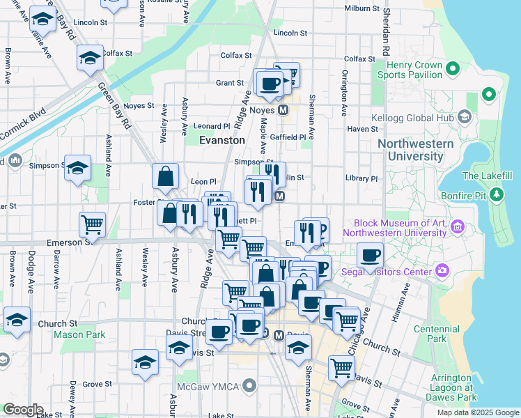 map of restaurants, bars, coffee shops, grocery stores, and more near 2001 Pratt Court in Evanston