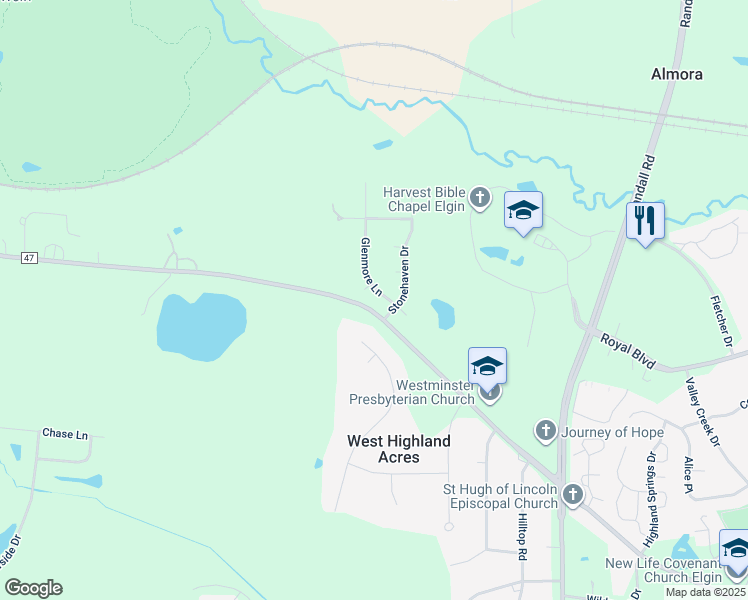map of restaurants, bars, coffee shops, grocery stores, and more near 905 Glenmore Lane in Elgin