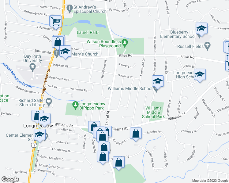 map of restaurants, bars, coffee shops, grocery stores, and more near 581 Laurel Street in Longmeadow