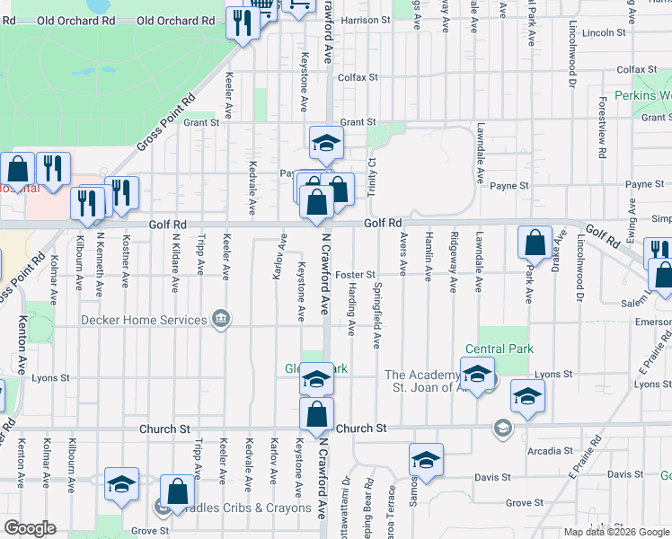 map of restaurants, bars, coffee shops, grocery stores, and more near 9515 Crawford Avenue in Evanston