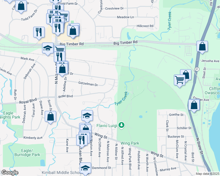 map of restaurants, bars, coffee shops, grocery stores, and more near 1176 Royal Boulevard in Elgin