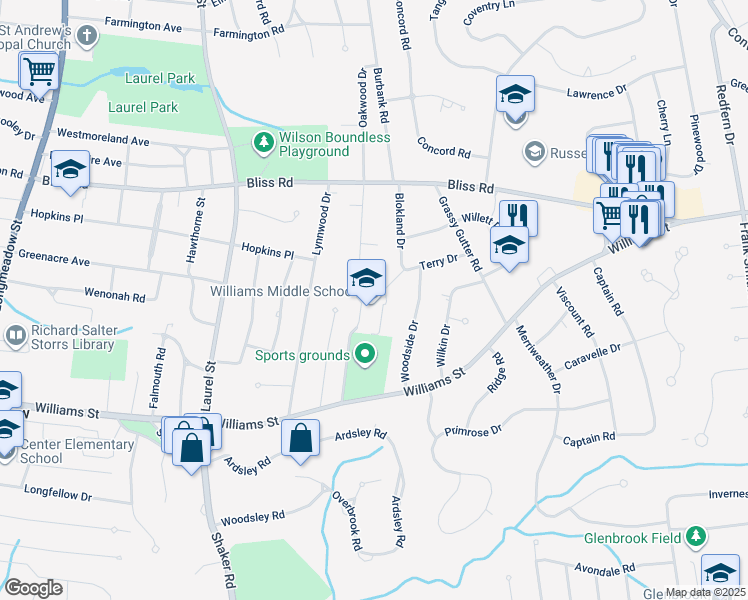 map of restaurants, bars, coffee shops, grocery stores, and more near 410 Williams Street in Longmeadow