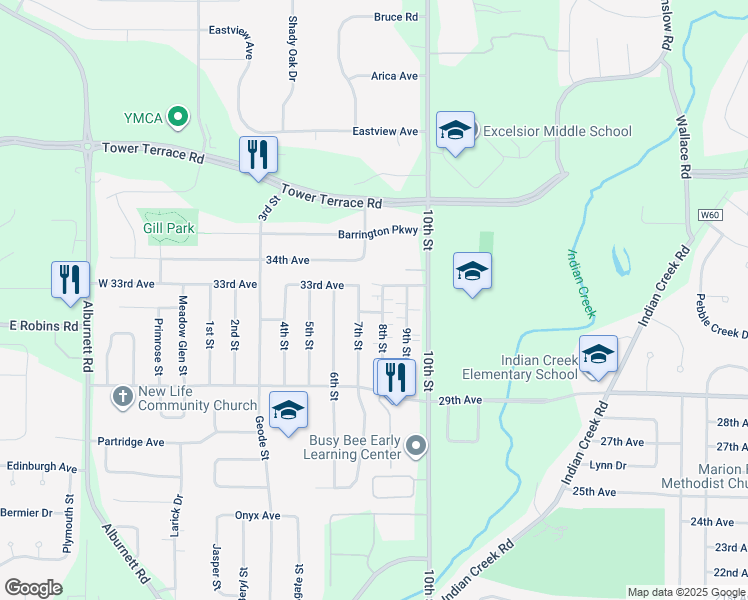 map of restaurants, bars, coffee shops, grocery stores, and more near 3240 8th Street in Marion