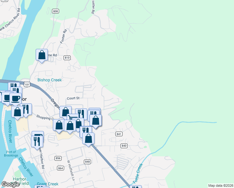 map of restaurants, bars, coffee shops, grocery stores, and more near 98041 Hall Way in Brookings