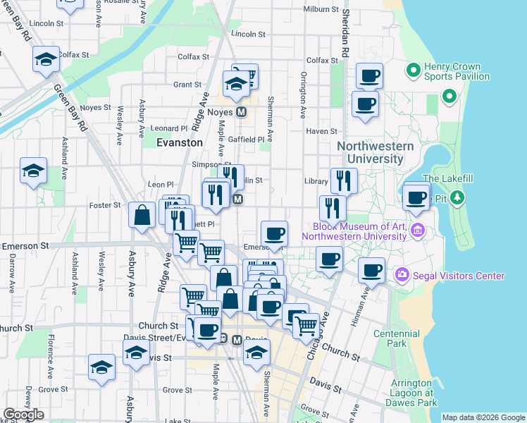 map of restaurants, bars, coffee shops, grocery stores, and more near 811 Foster Street in Evanston