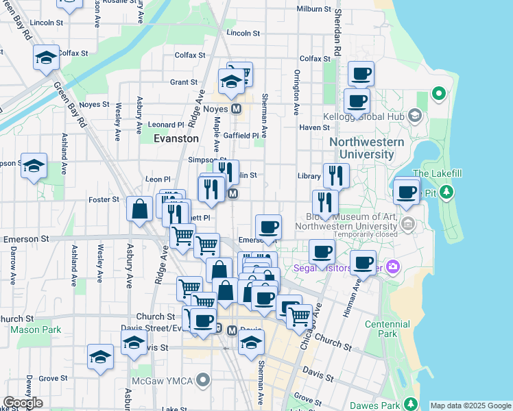 map of restaurants, bars, coffee shops, grocery stores, and more near 811 Foster Street in Evanston