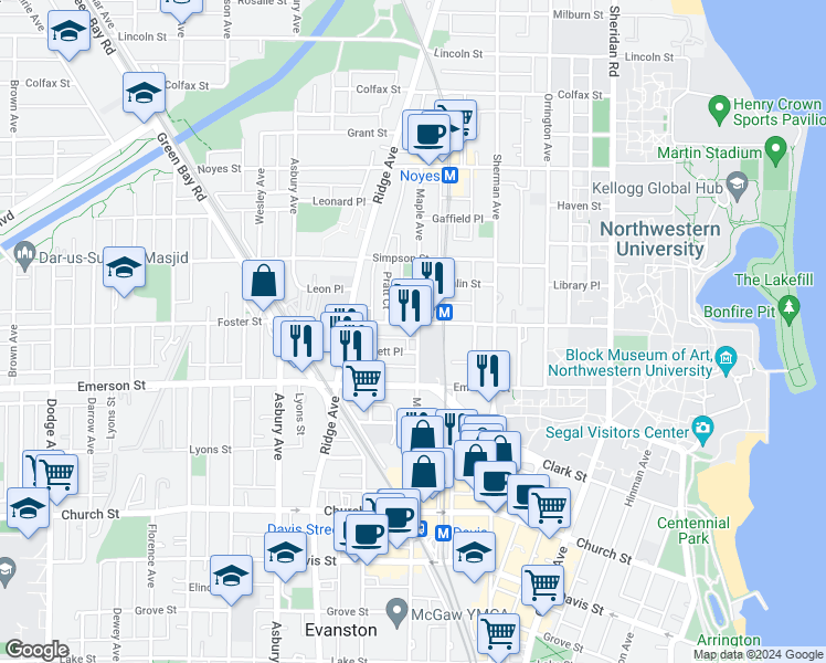 map of restaurants, bars, coffee shops, grocery stores, and more near 2001 Pratt Court in Evanston