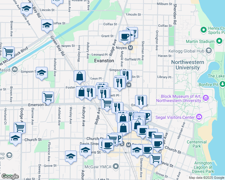map of restaurants, bars, coffee shops, grocery stores, and more near 2001 Pratt Court in Evanston
