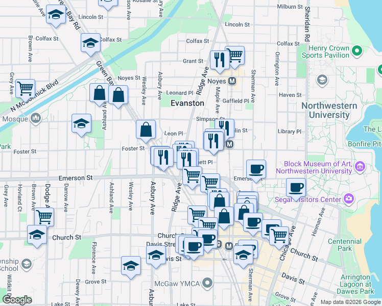 map of restaurants, bars, coffee shops, grocery stores, and more near in Evanston