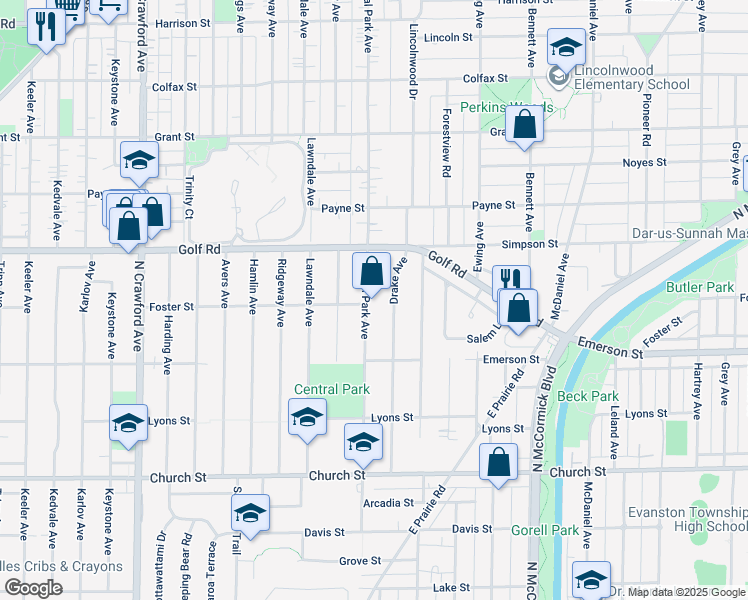 map of restaurants, bars, coffee shops, grocery stores, and more near 9510 Drake Avenue in Evanston