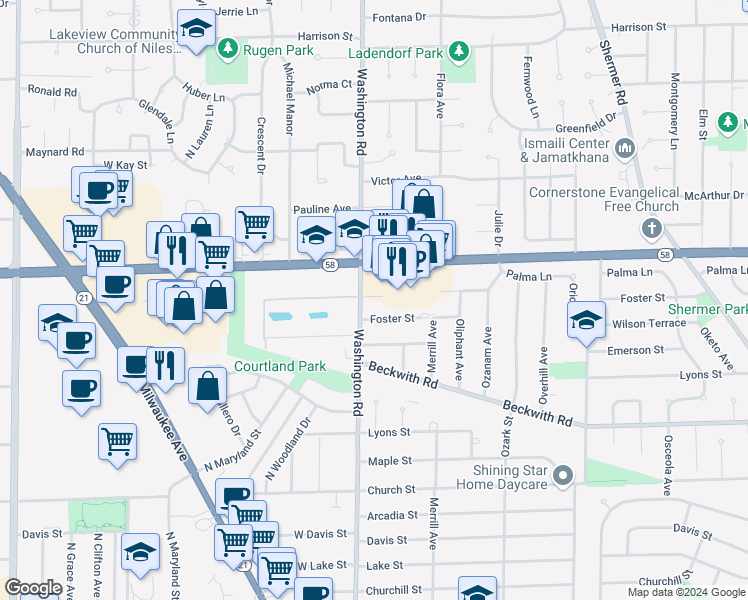 map of restaurants, bars, coffee shops, grocery stores, and more near 7965 Golf Road in Morton Grove