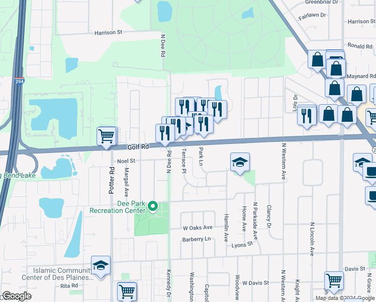 map of restaurants, bars, coffee shops, grocery stores, and more near 956 Terrace Place in Des Plaines