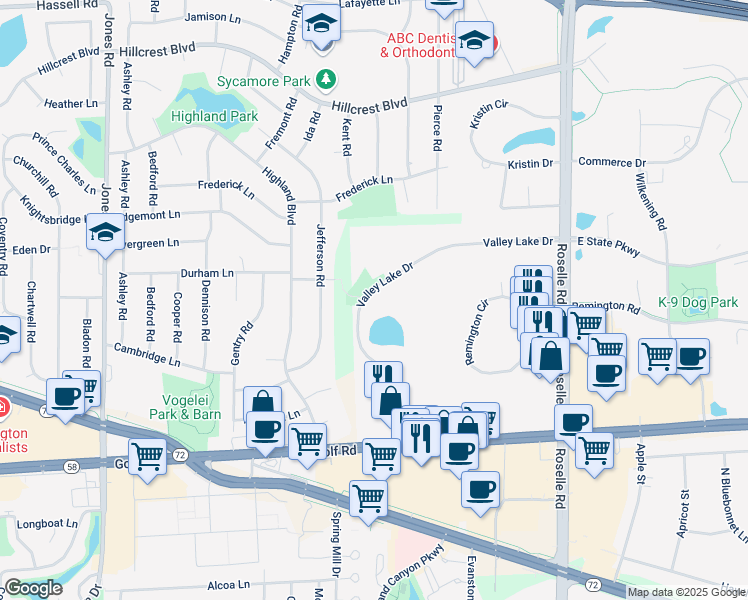 map of restaurants, bars, coffee shops, grocery stores, and more near 1417 Valley Lake Drive in Schaumburg