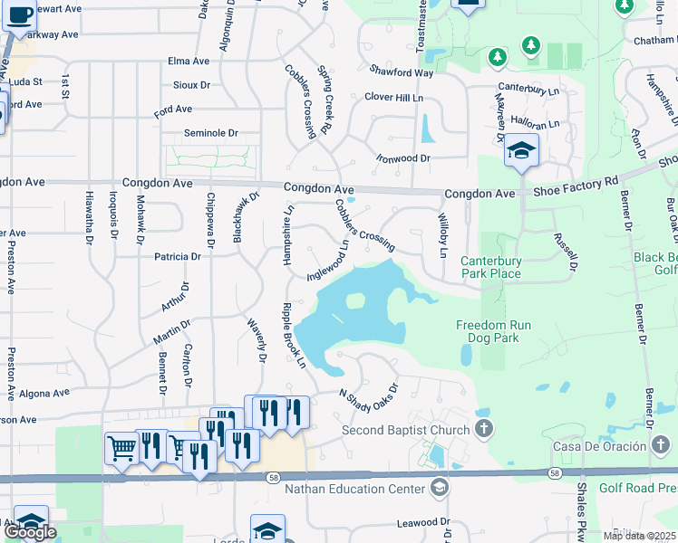 map of restaurants, bars, coffee shops, grocery stores, and more near 1070 Inglewood Lane in Elgin