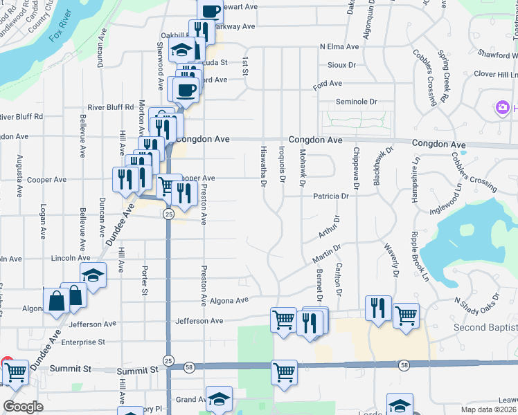 map of restaurants, bars, coffee shops, grocery stores, and more near 945 Hiawatha Drive in Elgin