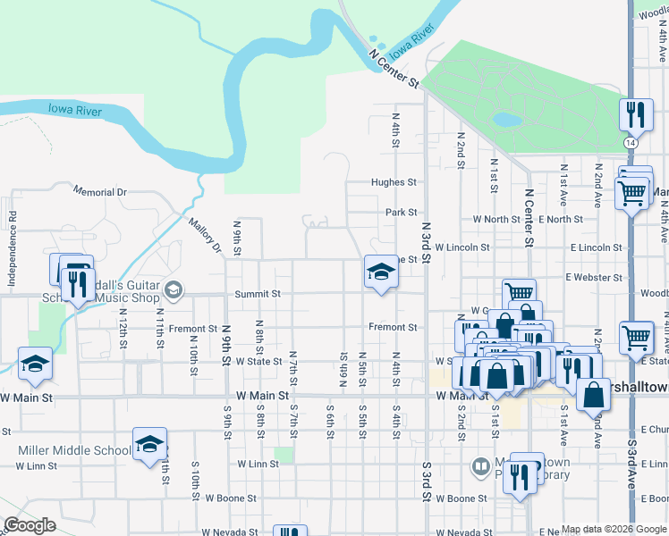 map of restaurants, bars, coffee shops, grocery stores, and more near 601-613 Jerome Street in Marshalltown