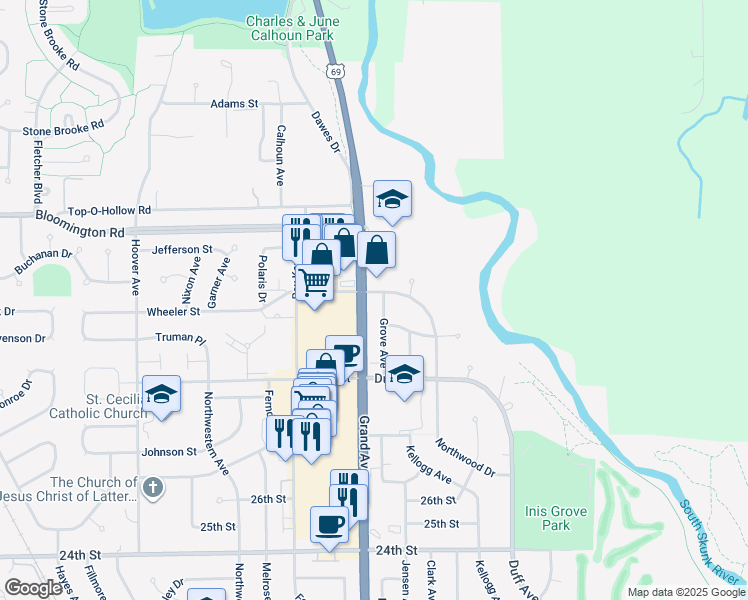 map of restaurants, bars, coffee shops, grocery stores, and more near 3132 Northwood Drive in Ames