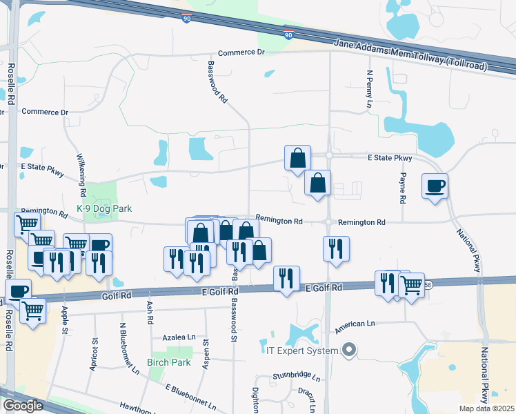 map of restaurants, bars, coffee shops, grocery stores, and more near 1300 Basswood Road in Schaumburg